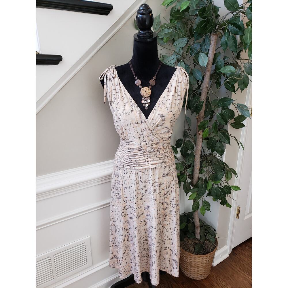 AA Studio AA Shift Dress Women 18W Beige Wrap V Neck Empire Waist Tie Shoulder